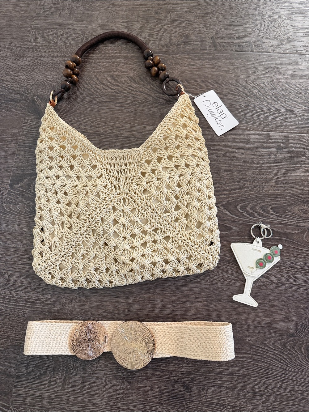 NWT Elan Lot of accessories- bag, woven stretchy belt, & martini keychain